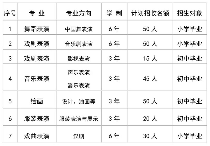 武漢市藝術學校2024年招生專業及計劃